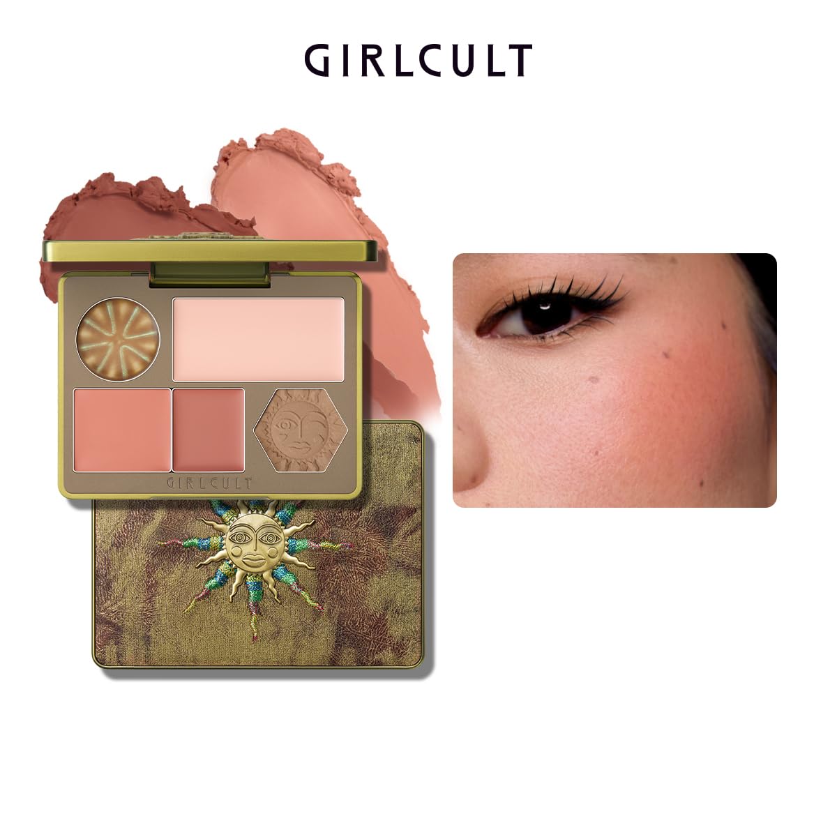 Swatches of the highly pigmented eyeshadows, contour bronzer, and luminous highlighter from the GIRLCULT palette.