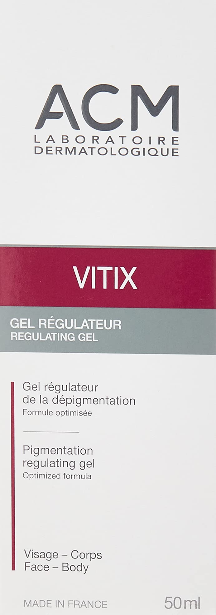 ACM Vitix Regulating Gel packaging showing authentic imported skincare details