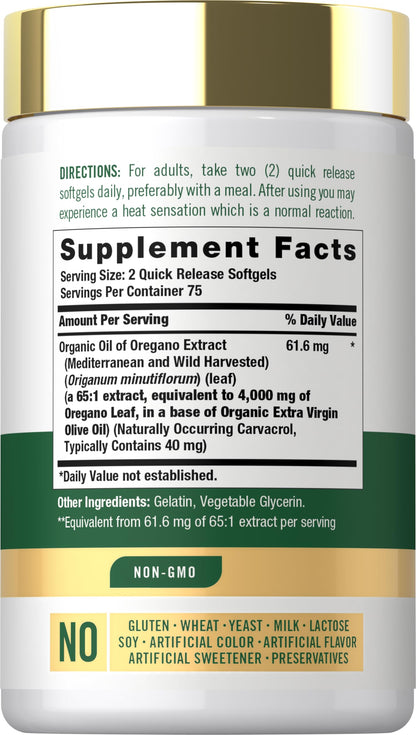 Carlyle Mediterranean traditional herb oregano oil supplement nutritional facts label