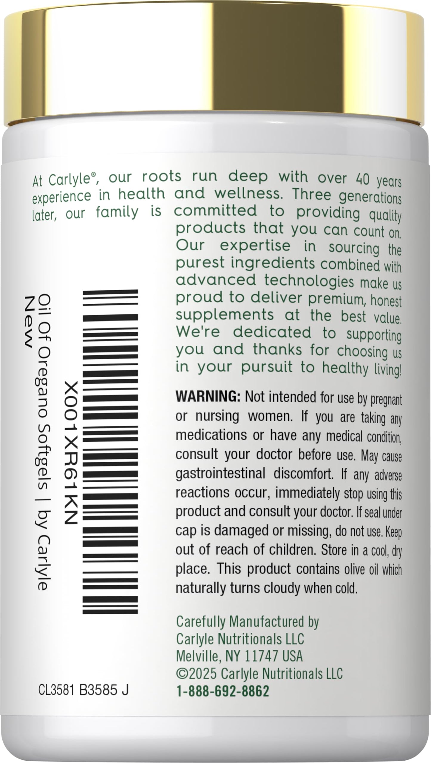 Side angle of Carlyle oil of oregano non-GMO gluten free quick release capsules
