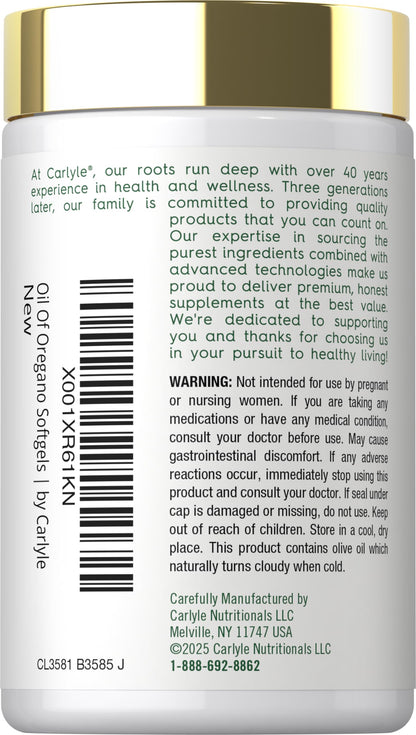 Side angle of Carlyle oil of oregano non-GMO gluten free quick release capsules