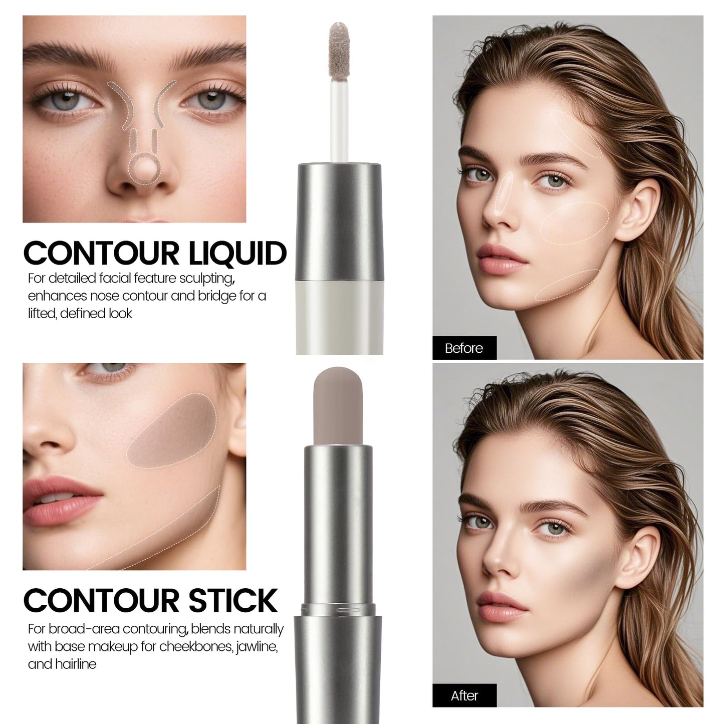 Erinde grey liquid contour wand and cream stick applicator tips showing cool toned shadow color