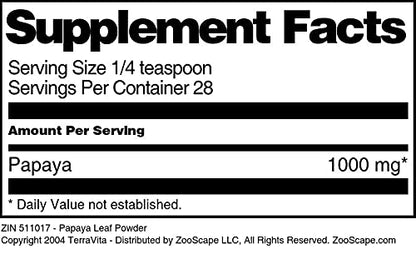 Close up of Terravita papaya leaf dietary supplement label