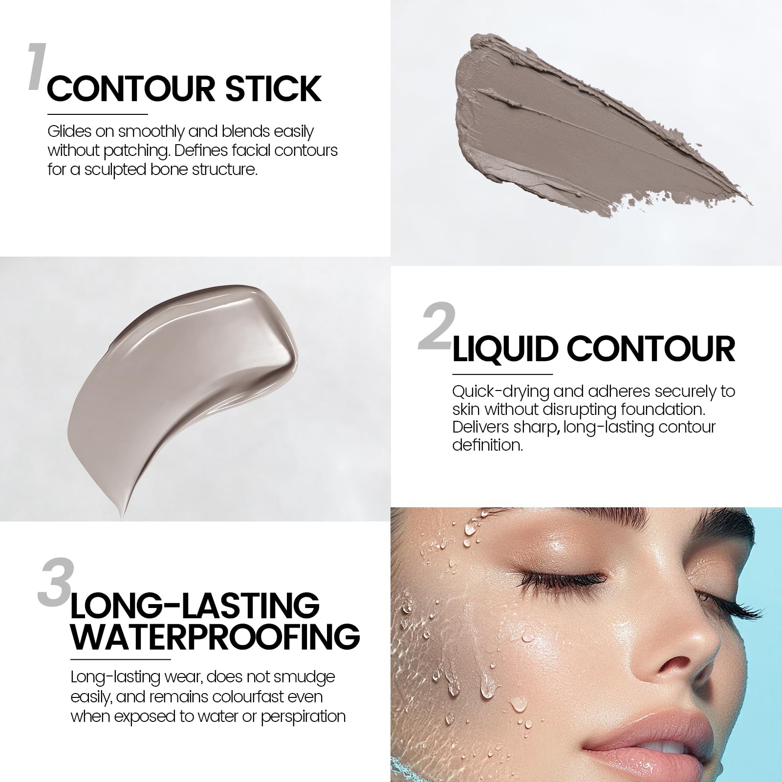 Double sided grey face contour stick for fair skin showcasing cream bar and liquid tip ends