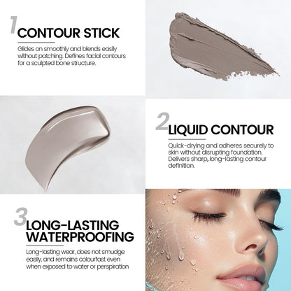 Double sided grey face contour stick for fair skin showcasing cream bar and liquid tip ends