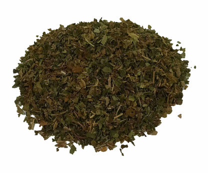 Organic dried papaya leaves in tea bag cut packaging