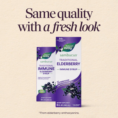 Nature's Way Sambucus elderberry syrup label showing immune support benefits