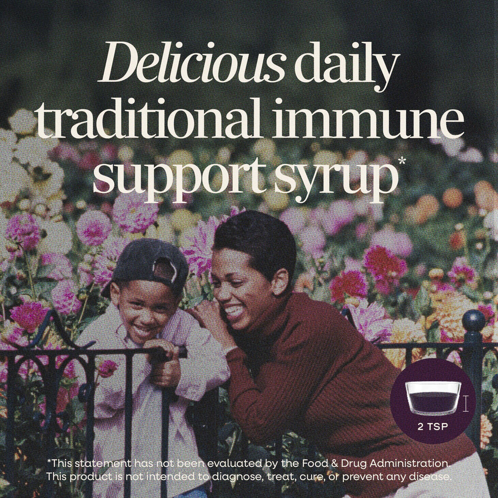 Side view of Nature's Way elderberry syrup bottle with dosage information