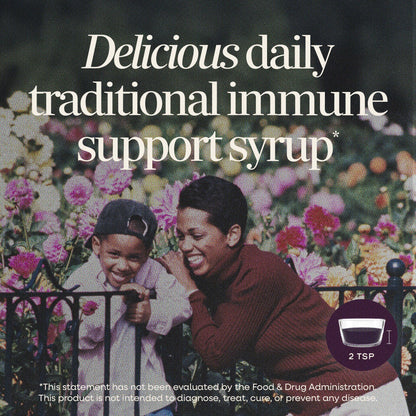 Side view of Nature's Way elderberry syrup bottle with dosage information