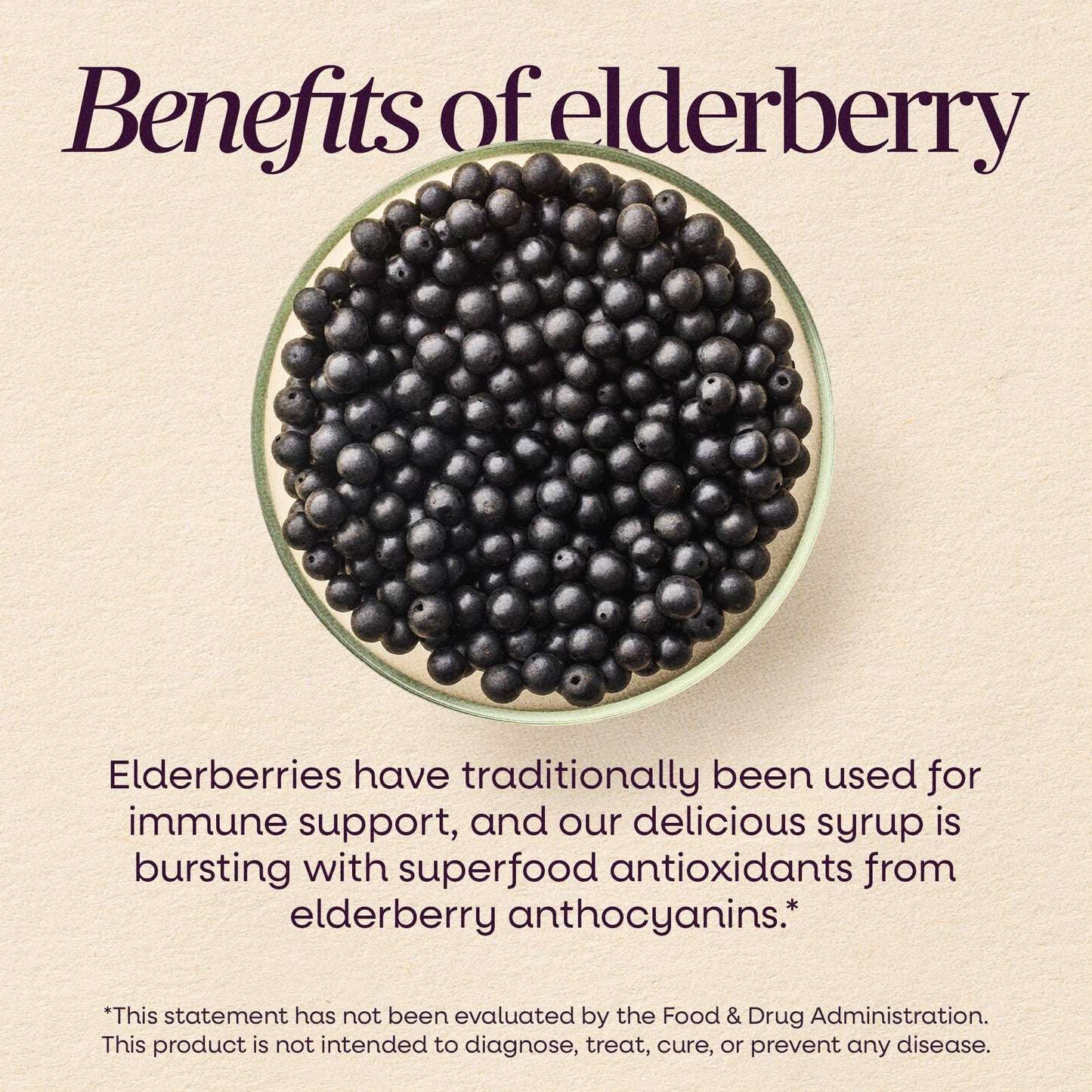 Close up of Nature's Way Sambucus elderberry supplement bottle nutrition facts
