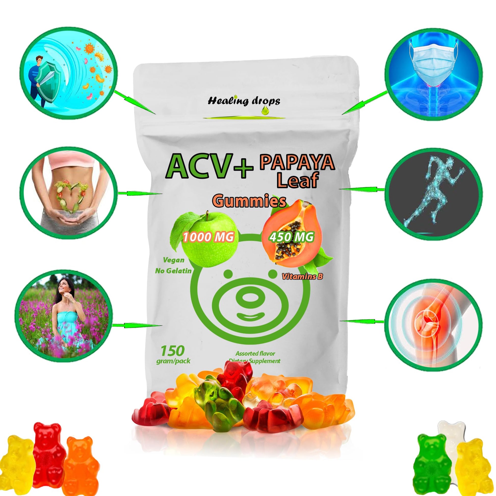 Healing Drops 50 count gummy bottle with supplement facts