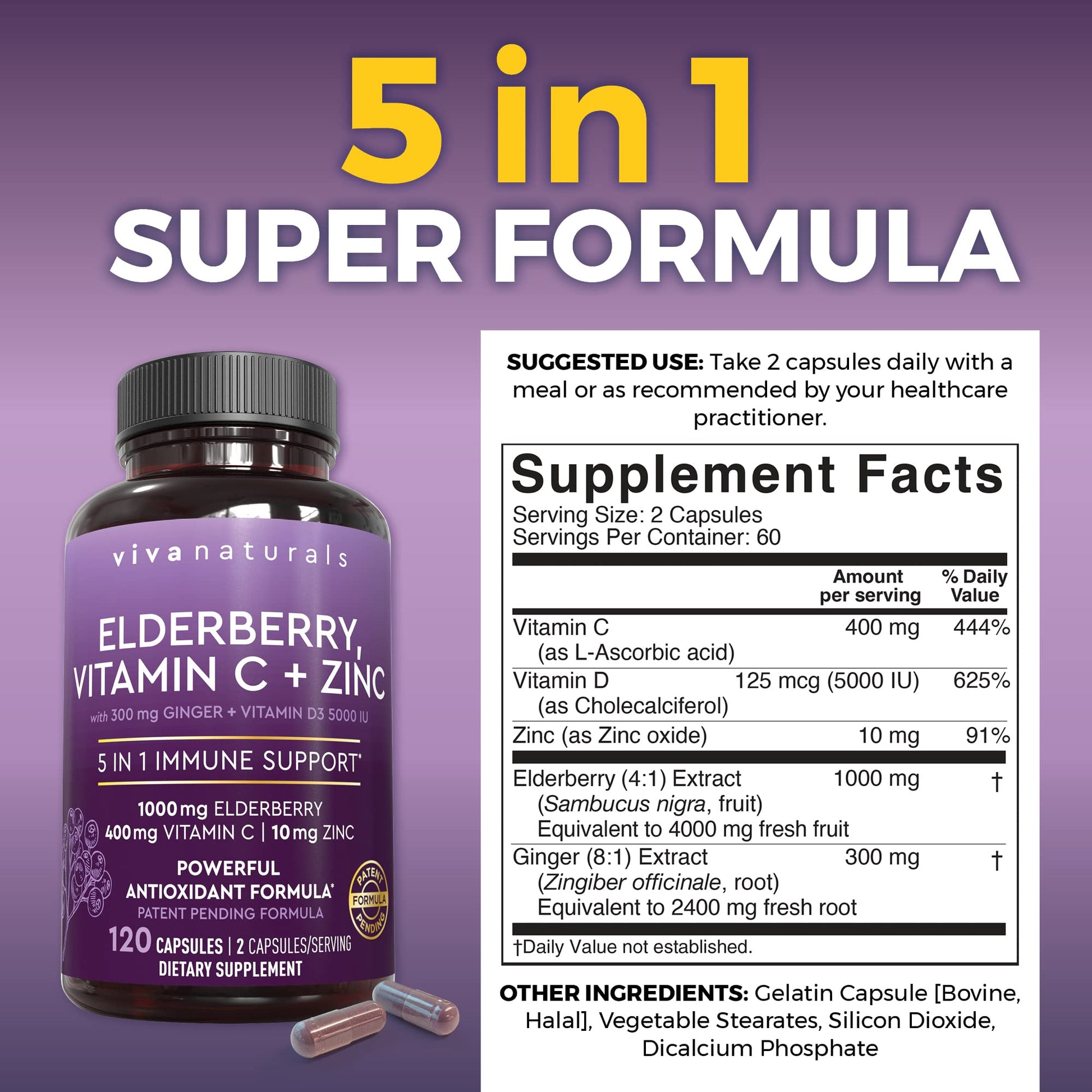 Viva Naturals Sambucus elderberry supplement nutrition facts label showing vitamin C zinc and high dose vitamin D3