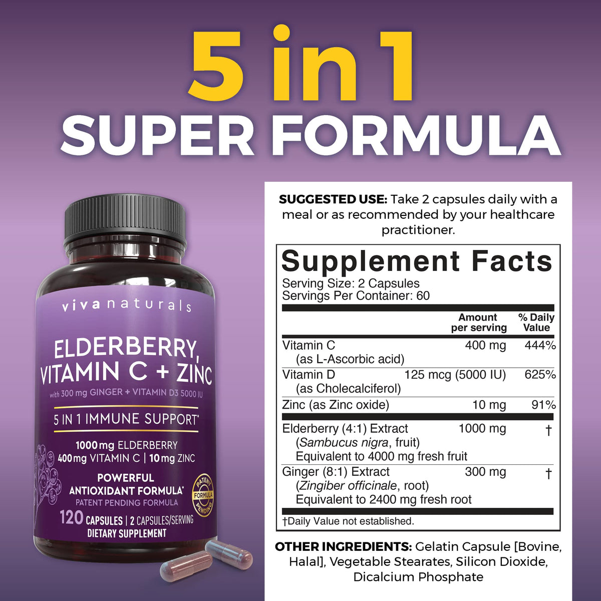 Viva Naturals Sambucus elderberry supplement nutrition facts label showing vitamin C zinc and high dose vitamin D3