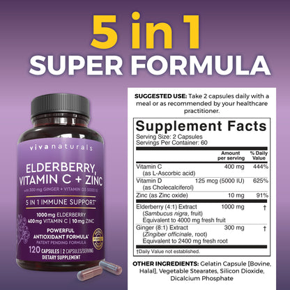 Viva Naturals Sambucus elderberry supplement nutrition facts label showing vitamin C zinc and high dose vitamin D3