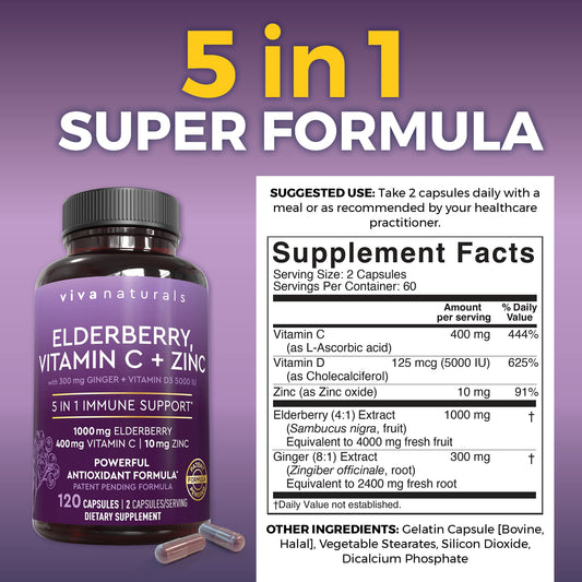 Viva Naturals Sambucus elderberry supplement nutrition facts label showing vitamin C zinc and high dose vitamin D3