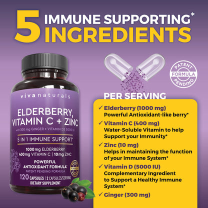 Side view of Viva Naturals 5 in 1 immune support supplement showcasing clean ingredients and manufacturer information