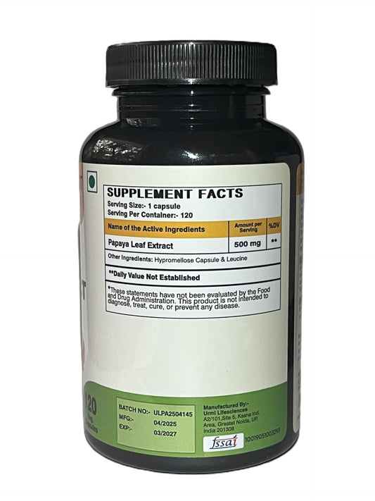 Setnutra Papaya Leaf 500mg capsules supplement facts label