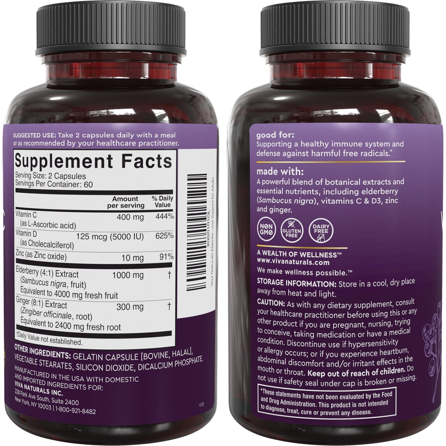 Viva Naturals elderberry capsules 120 count bottle displaying complete 5 in 1 immune complex features