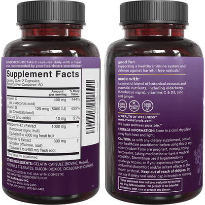 Viva Naturals elderberry capsules 120 count bottle displaying complete 5 in 1 immune complex features