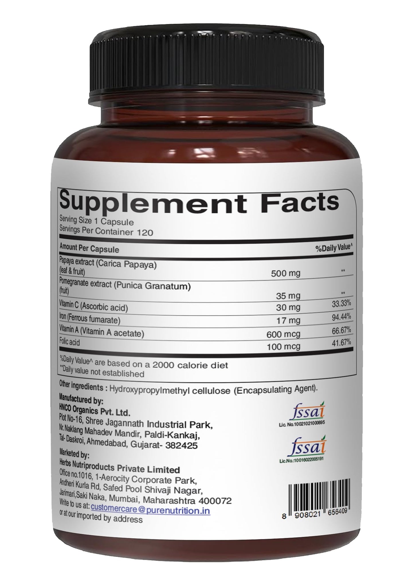 Pure Nutrition Papaya Complete supplement facts and ingredients label