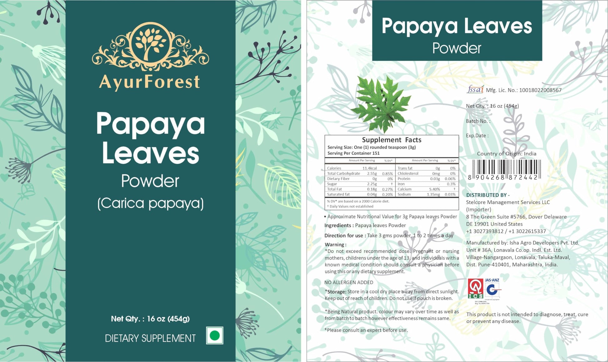 AyurForest 454 gram papaya leaf powder supplement packaging