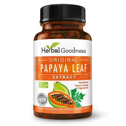 Close up of Herbal Goodness Papaya Leaf Extract bottle label