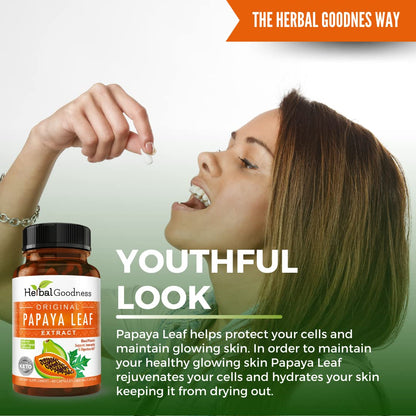Side view of Herbal Goodness Papaya Leaf Extract organic certified badge