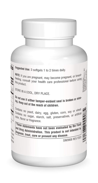 Source Naturals Evening Primrose Oil 500mg showing hexane free cold pressed extraction text on label