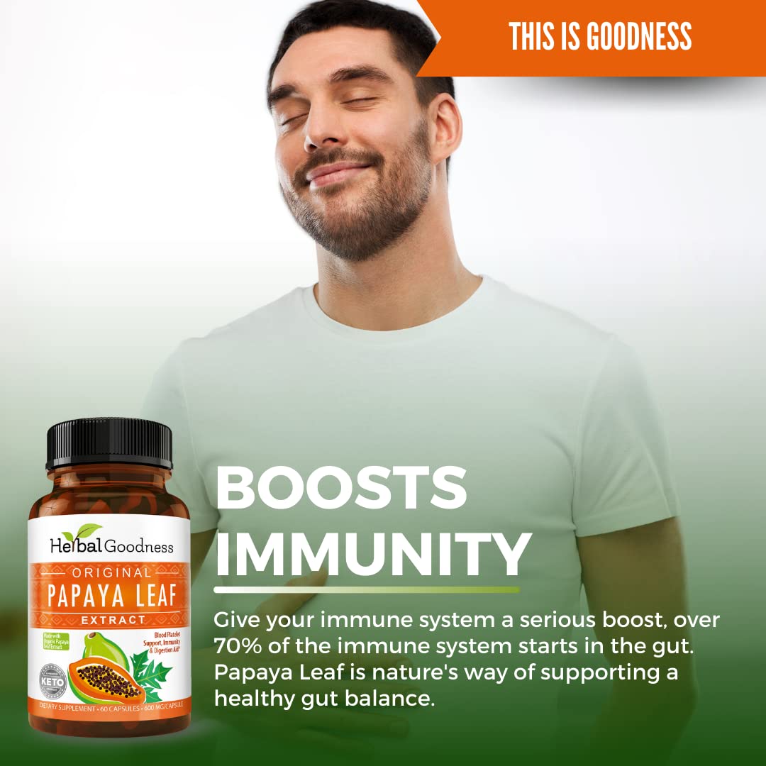 Top view of Herbal Goodness Papaya Leaf Extract capsules bottle packaging
