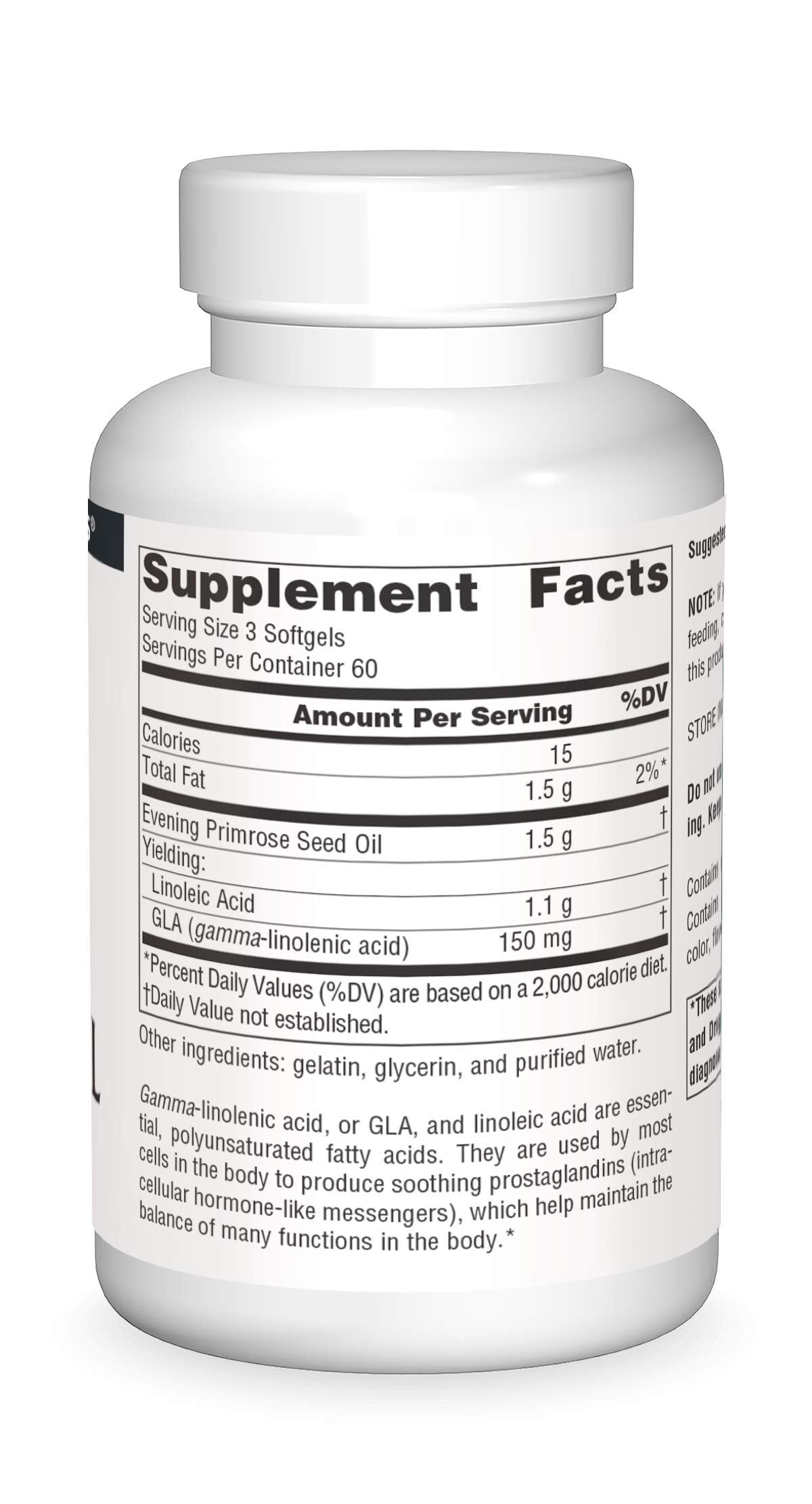Back label of Source Naturals Evening Primrose Oil displaying supplement facts and 50mg GLA content