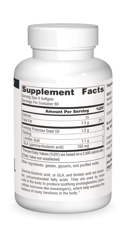 Back label of Source Naturals Evening Primrose Oil displaying supplement facts and 50mg GLA content