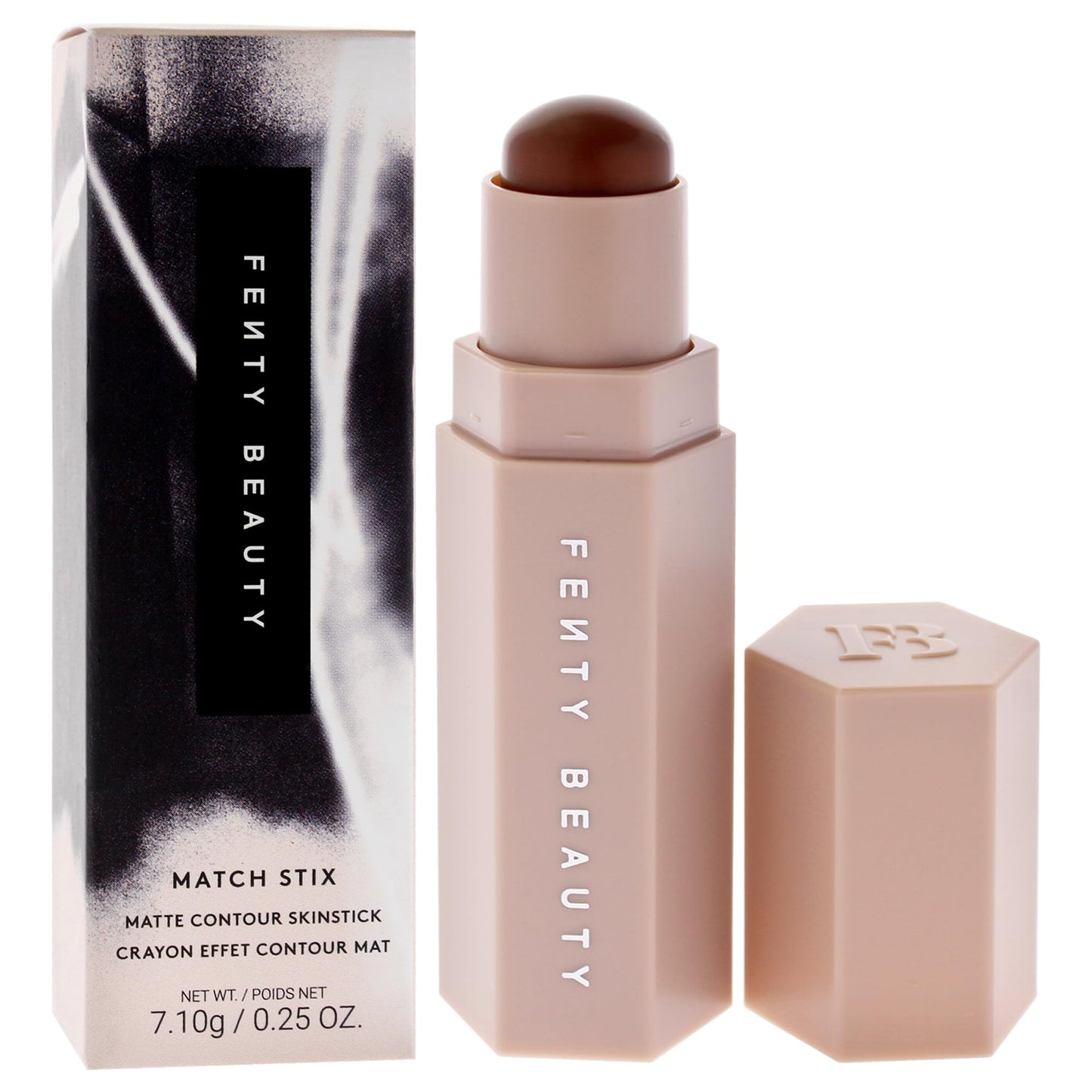 Open packaging of the Fenty Beauty 04 Truffle matte makeup stick highlighting the twist up mechanism and smooth formula tip.