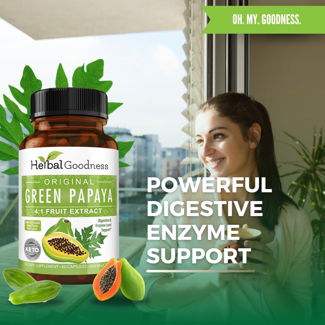 Back of Herbal Goodness Green Papaya supplement bottle with ingredients