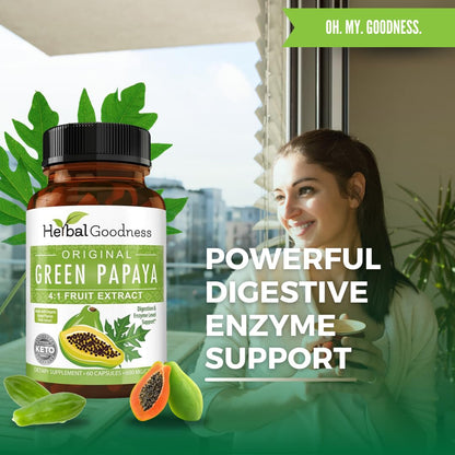 Back of Herbal Goodness Green Papaya supplement bottle with ingredients