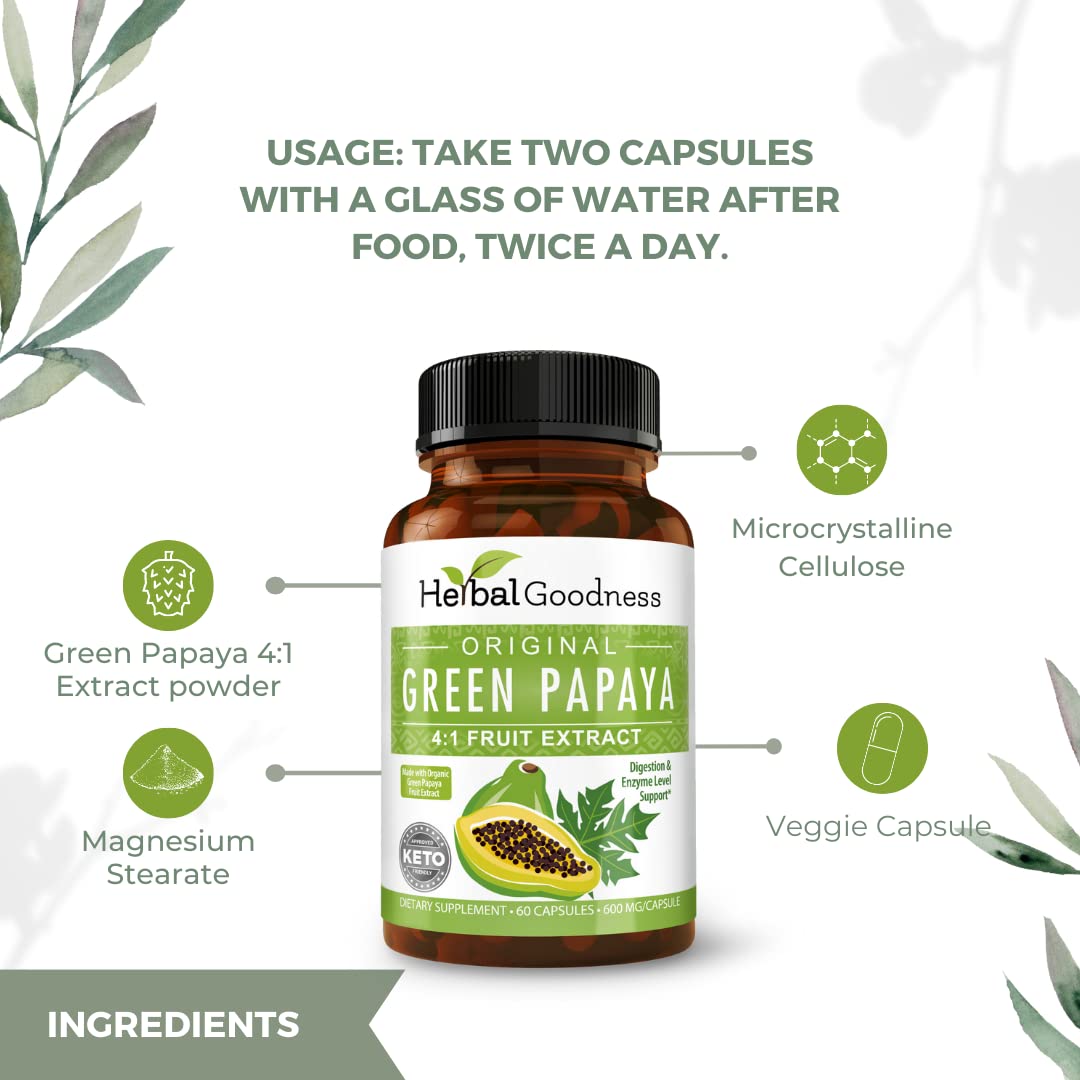 Herbal Goodness Green Papaya bottle next to organic supplement capsules