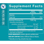 Cold pressed evening primrose oil capsules ingredient list and supplement facts panel on the back of the bottle