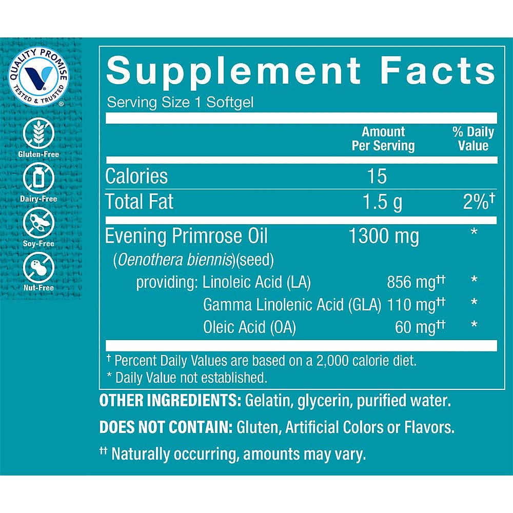 Cold pressed evening primrose oil capsules ingredient list and supplement facts panel on the back of the bottle