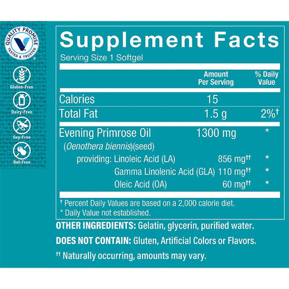 Cold pressed evening primrose oil capsules ingredient list and supplement facts panel on the back of the bottle