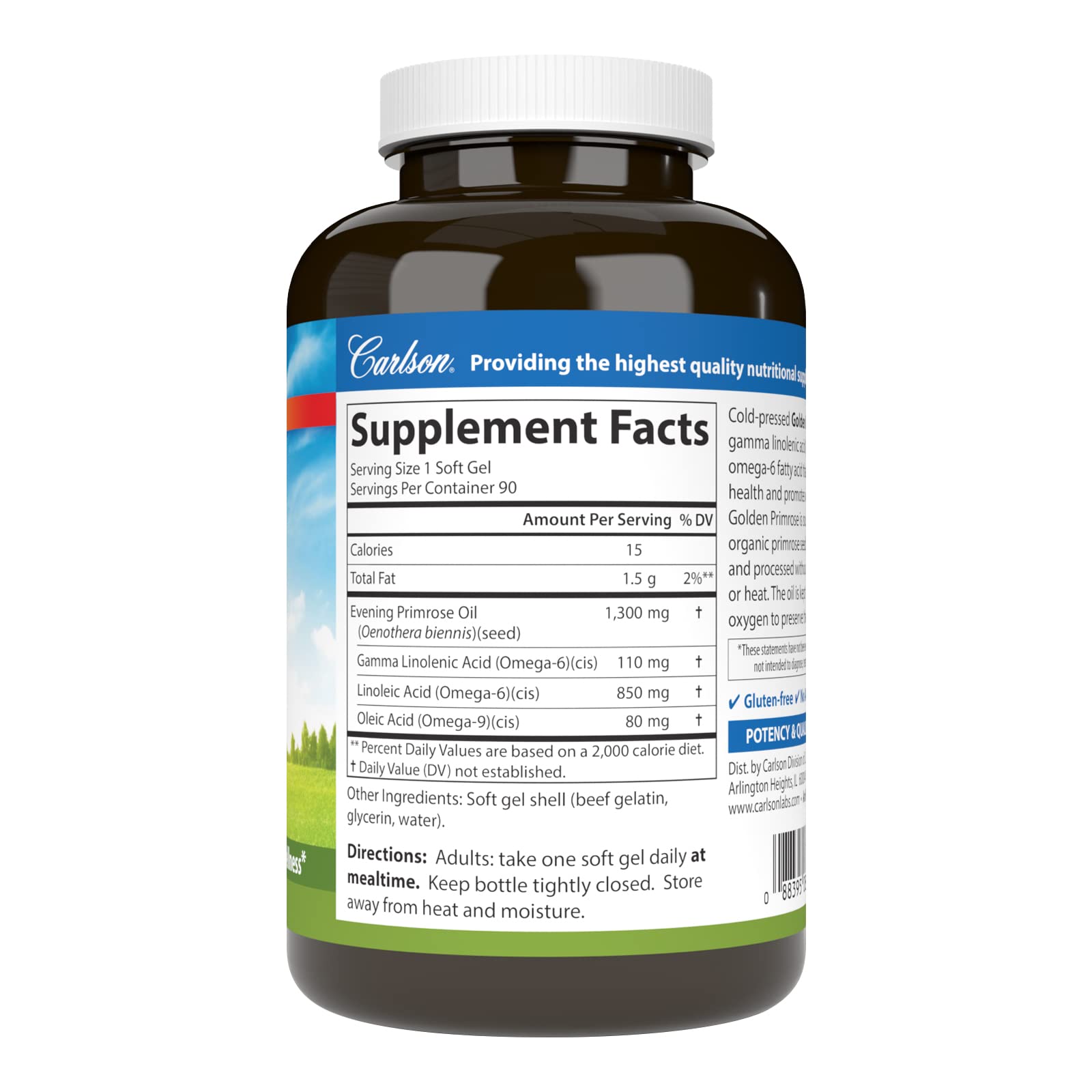 Carlson evening primrose oil 90 softgels nutritional supplement label view