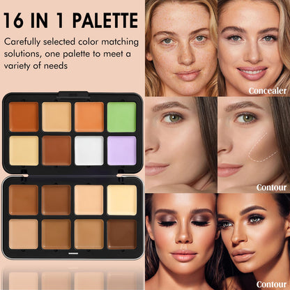 Open matte face makeup kit showing sixteen blendable contour and highlight cream colors with application brush.