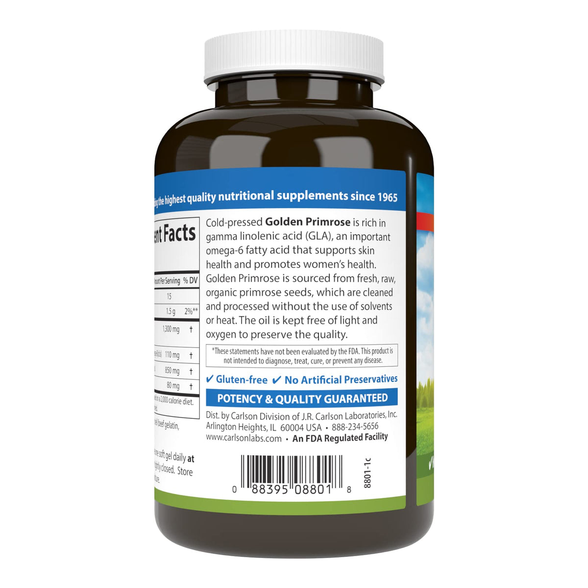 Carlson Labs cold pressed golden primrose dietary supplement packaging details
