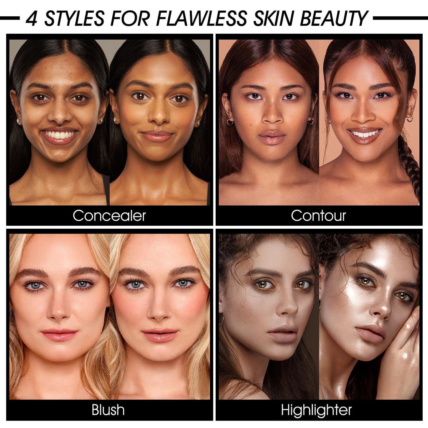 Demonstration of the full coverage cream foundation shades being applied with the included precision makeup brush.