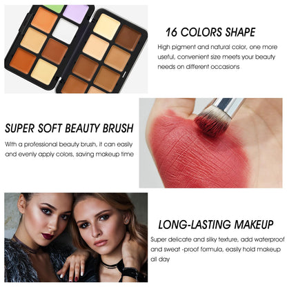 Swatches of the sixteen long wearing matte contouring and blemish coverage shades on different skin tones.