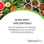 Cold pressed organic evening primrose oil softgels from NaturesPlus displayed next to the supplement bottle