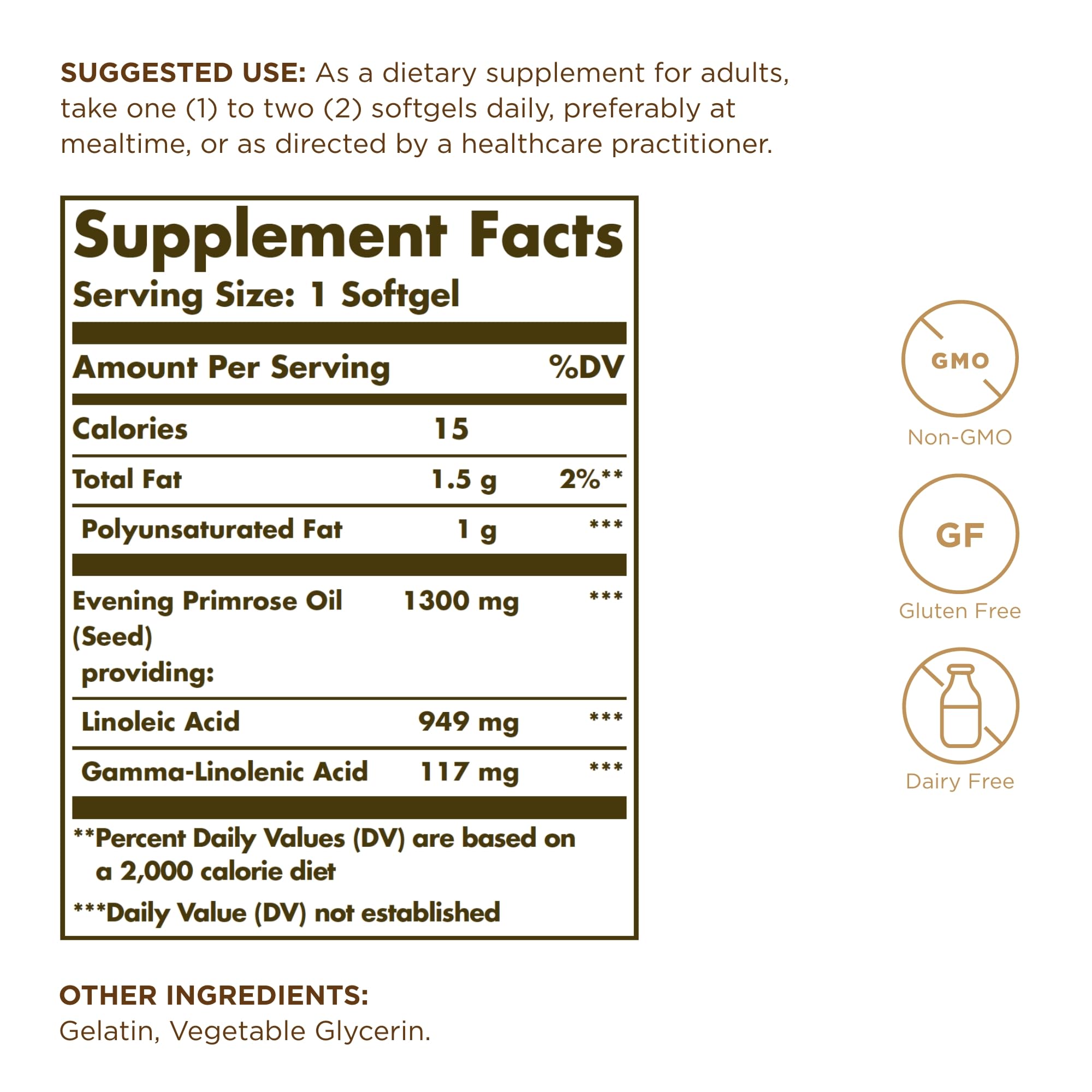 Solgar Evening Primrose Oil 1300mg supplement facts panel