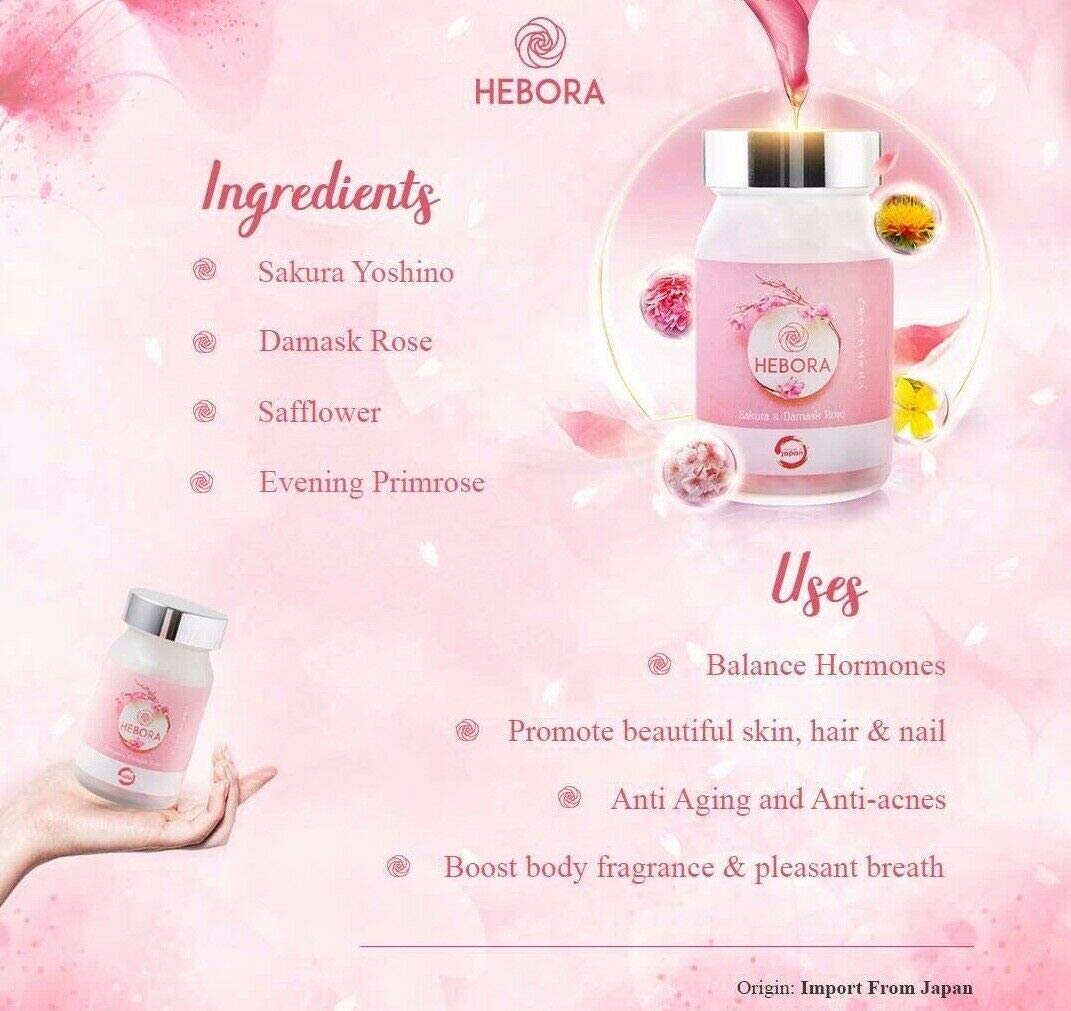 Hebora Premium Sakura Damask Rose softgel capsules packaging details and natural ingredients list