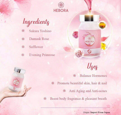 Hebora Premium Sakura Damask Rose softgel capsules packaging details and natural ingredients list