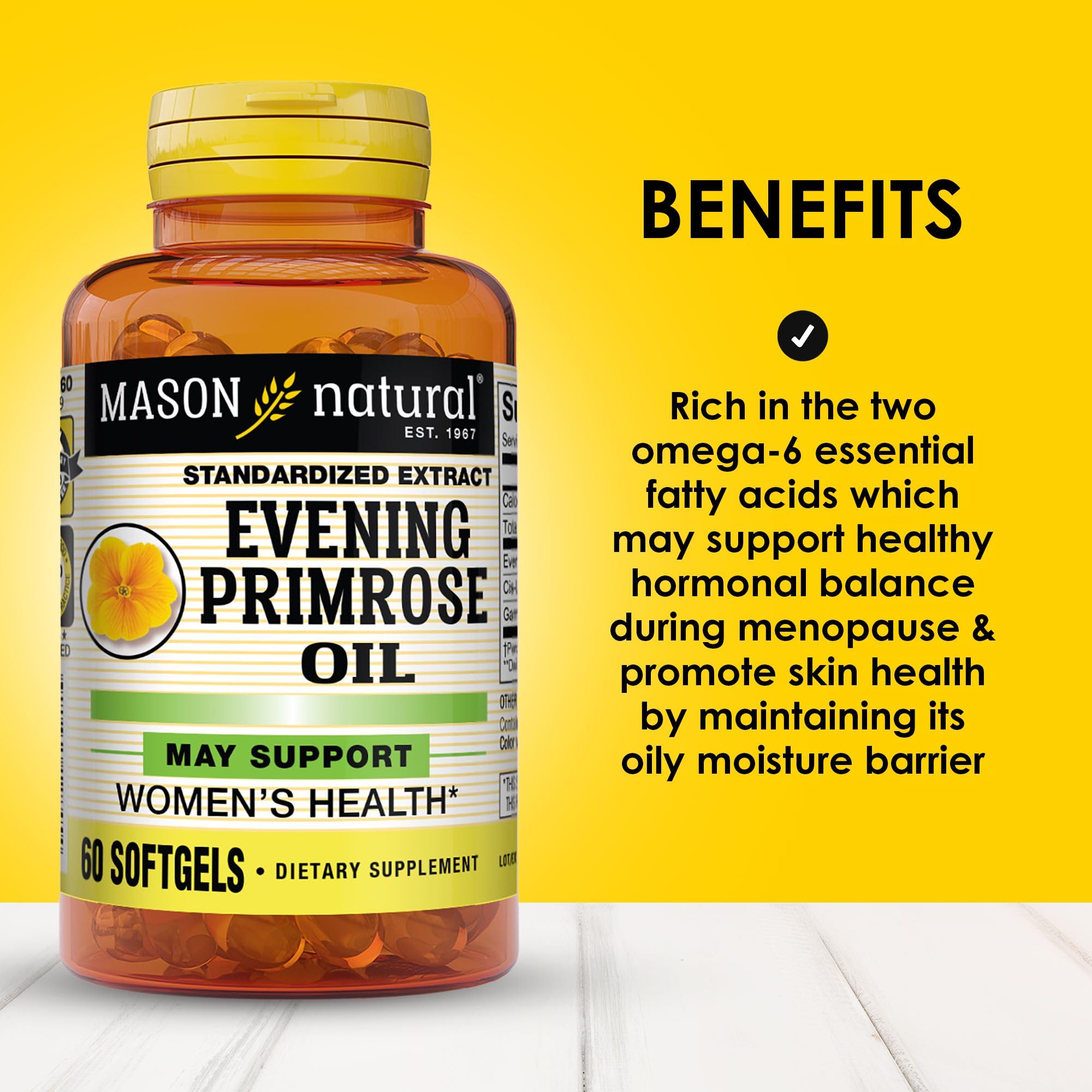 Mason Natural Evening Primrose Oil 180 softgels dietary supplement packaging showing supplement facts.