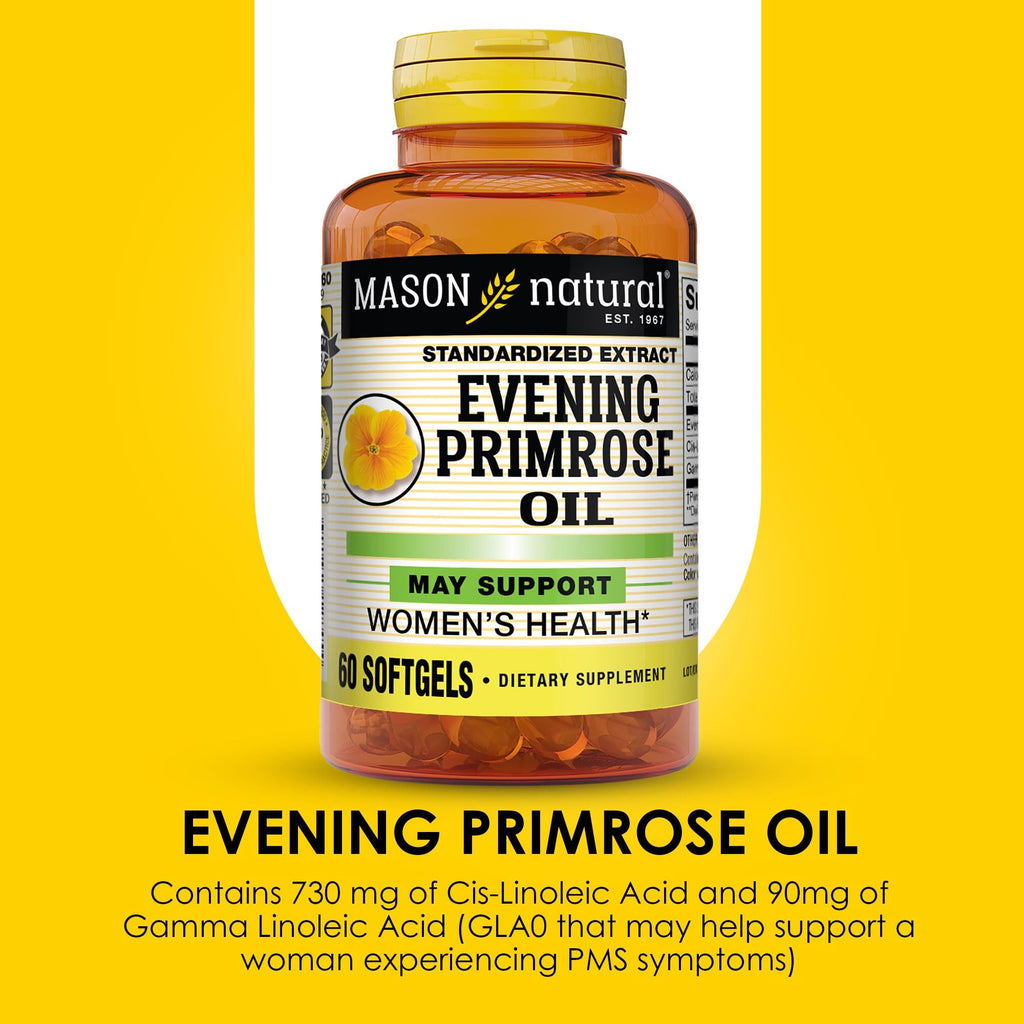 Mason Natural Evening Primrose Oil 3 month supply bottle highlighting the allergen free certifications.