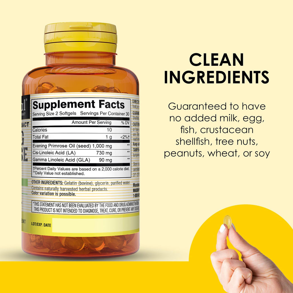 Close up view of the Mason Natural premium evening primrose oil softgels for women's hormonal health.